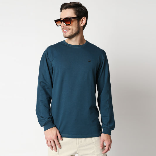 Fostino Teal Blue Pullover Full Sleeves T-Shirt with Rib on Sleeves - Fostino - T-Shirts