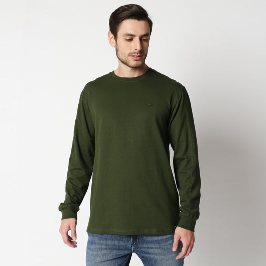 Fostino Mehendi Green Pullover Full Sleeves T-Shirt with Rib on Sleeves - Fostino - T-Shirts