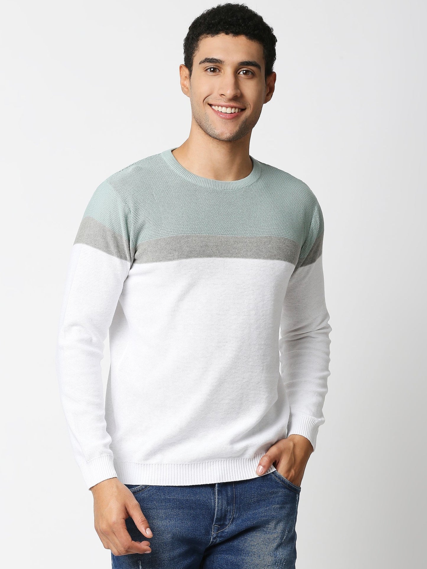 Fostino White & Pista Green Crew Neck Knitted Full Sleeves Tshirt - Fostino Shirts & Tops