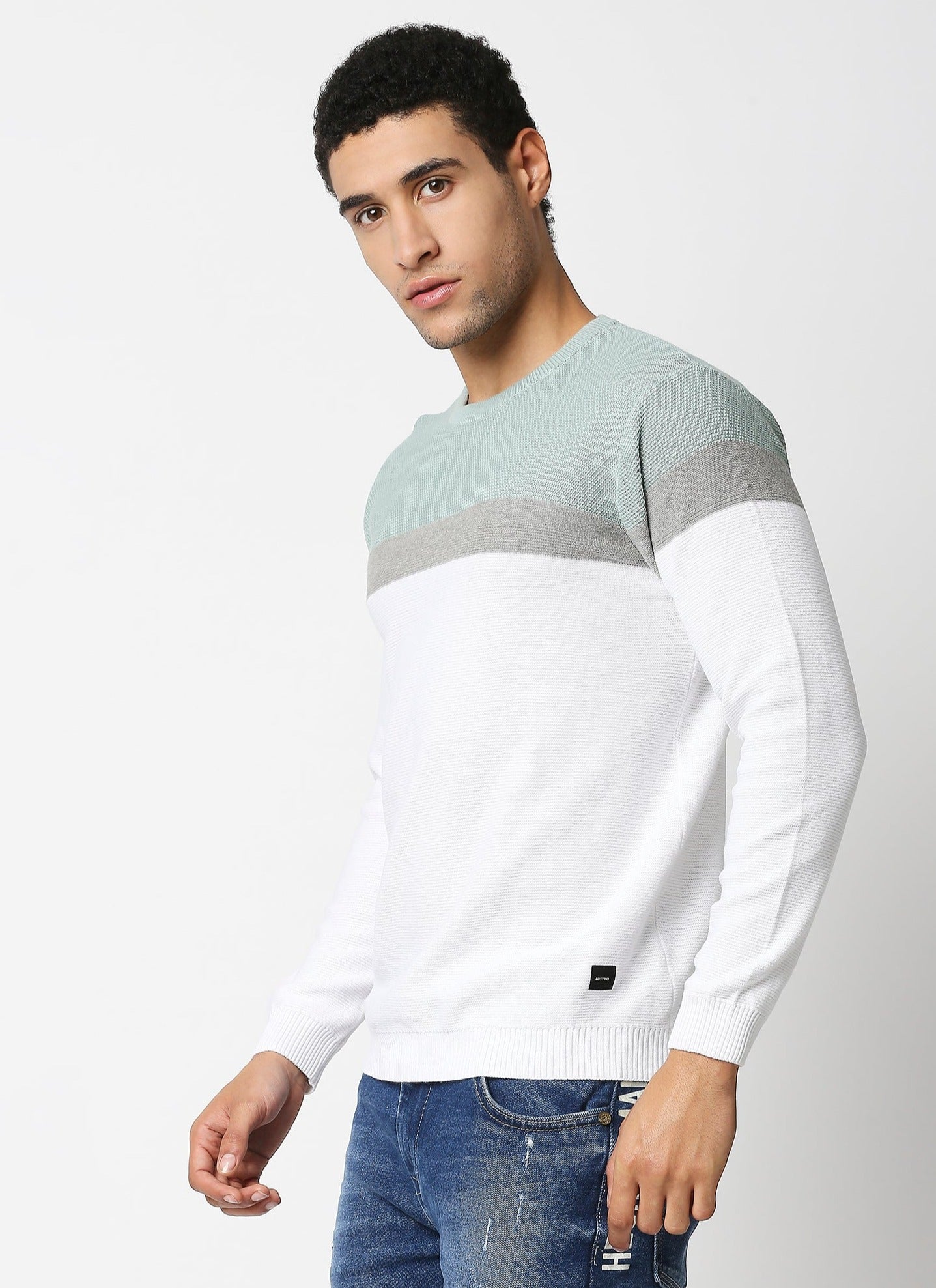 Fostino White & Pista Green Crew Neck Knitted Full Sleeves Tshirt - Fostino Shirts & Tops