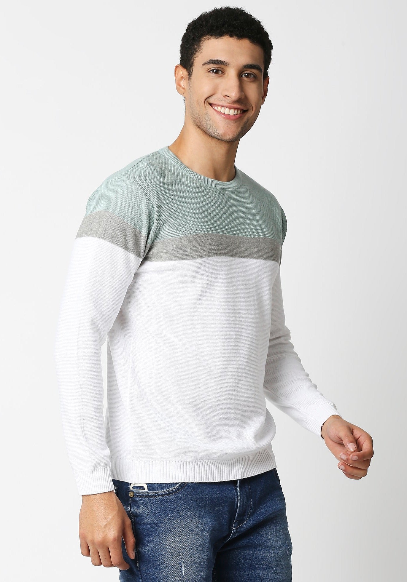 Fostino White & Pista Green Crew Neck Knitted Full Sleeves Tshirt - Fostino Shirts & Tops