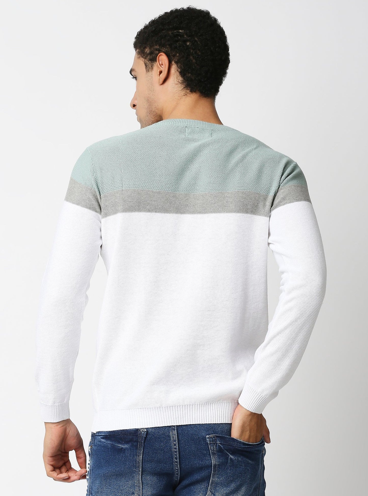 Fostino White & Pista Green Crew Neck Knitted Full Sleeves Tshirt - Fostino Shirts & Tops