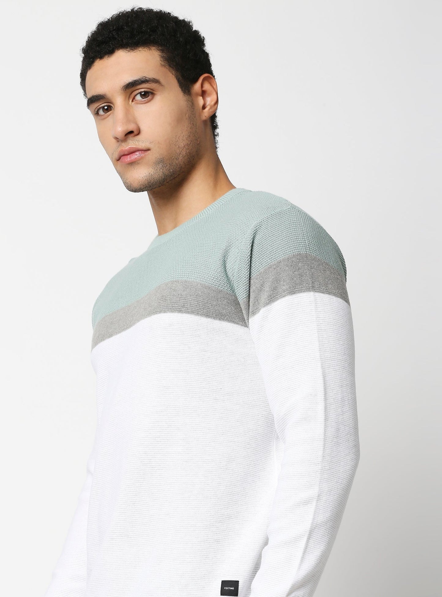 Fostino White & Pista Green Crew Neck Knitted Full Sleeves Tshirt - Fostino Shirts & Tops