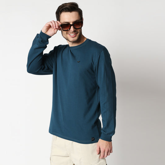Fostino Teal Blue Pullover Full Sleeves T-Shirt with Rib on Sleeves - Fostino - T-Shirts