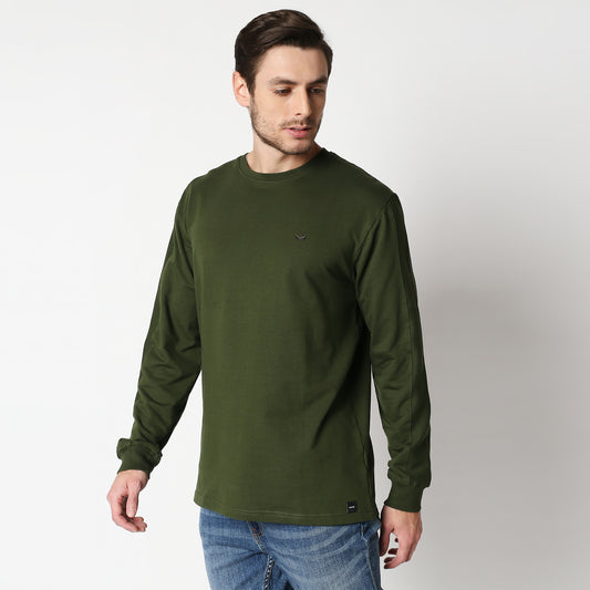 Fostino Mehendi Green Pullover Full Sleeves T-Shirt with Rib on Sleeves - Fostino - T-Shirts