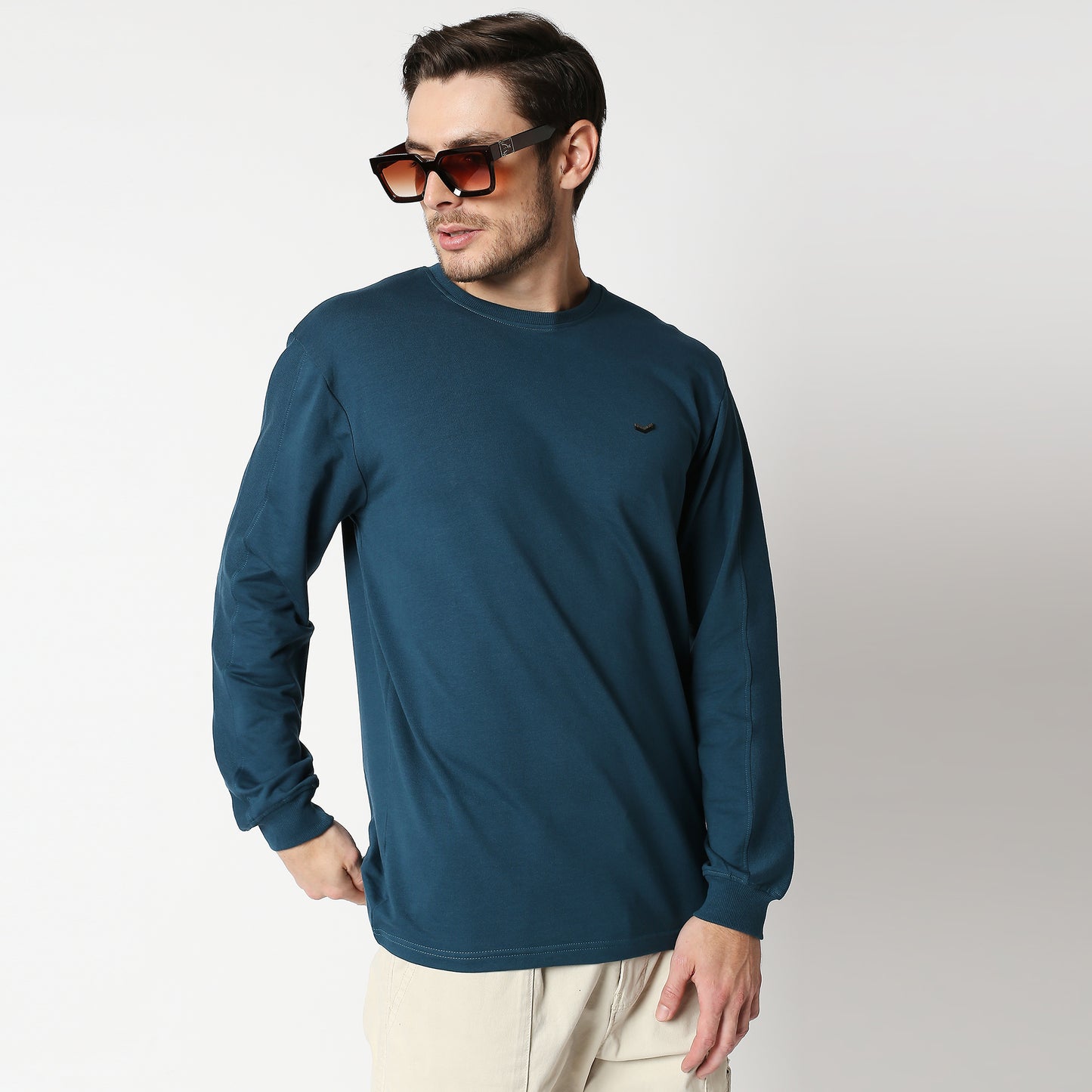 Fostino Teal Blue Pullover Full Sleeves T-Shirt with Rib on Sleeves - Fostino - T-Shirts
