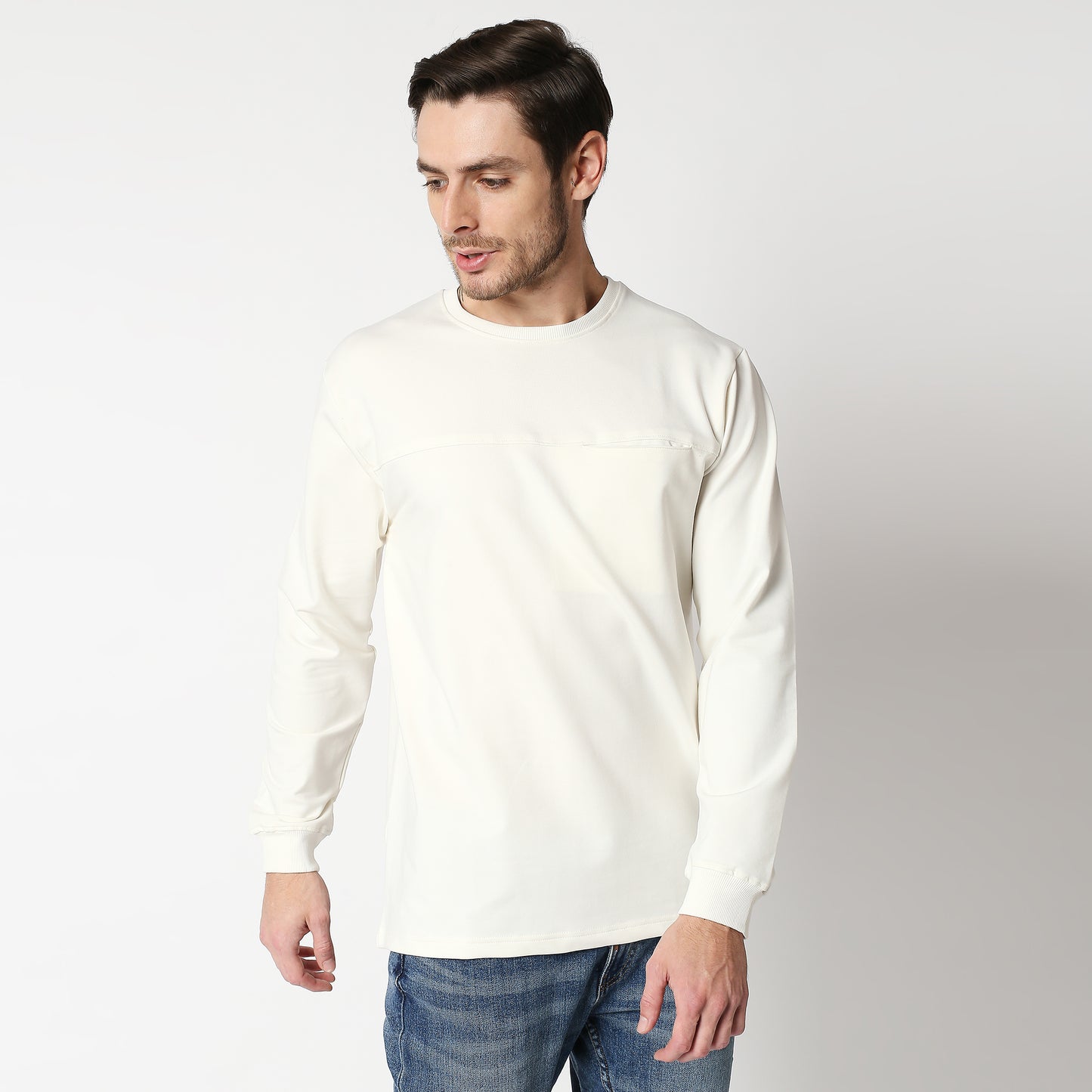 Fostino White Pullover Full Sleeves T-Shirt with Pocket - Fostino - T-Shirts