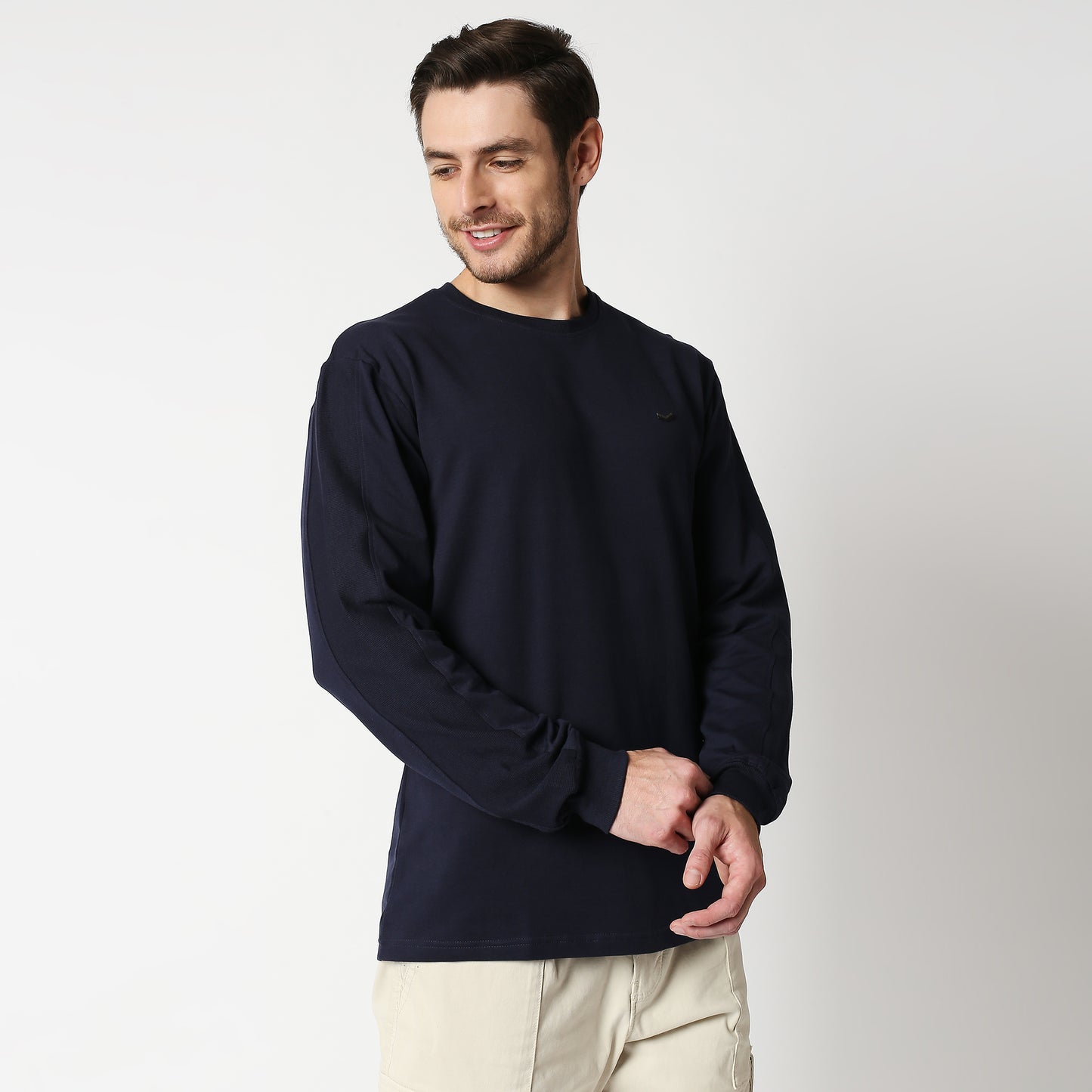 Fostino Navy Blue Pullover Full Sleeves T-Shirt with Rib on Sleeves - Fostino - T-Shirts
