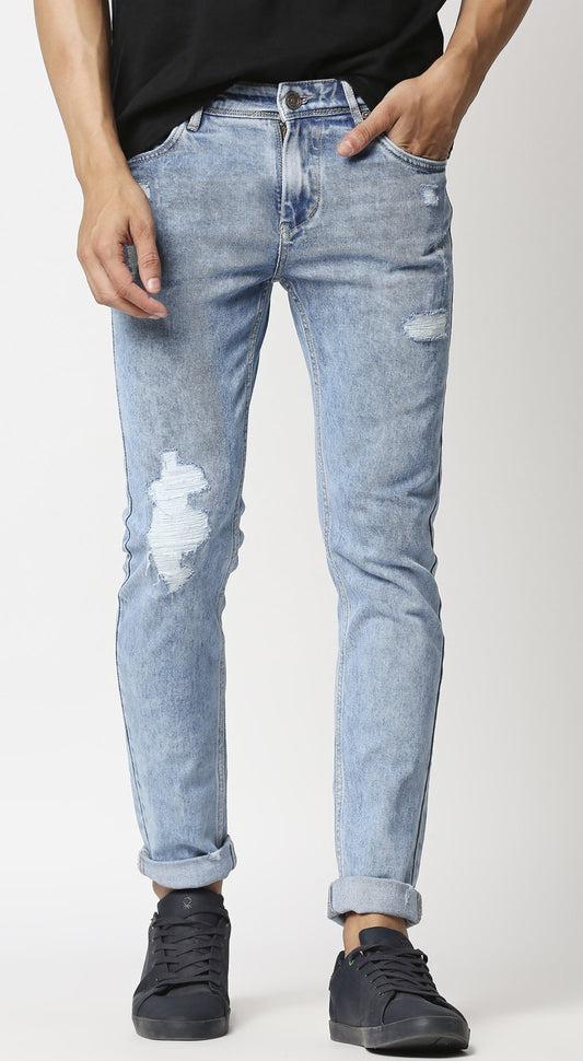 Fostino Straight Fit Distress Jeans In Light Wash Blue - Fostino - Jeans