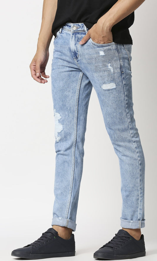 Fostino Straight Fit Distress Jeans In Light Wash Blue - Fostino - Jeans