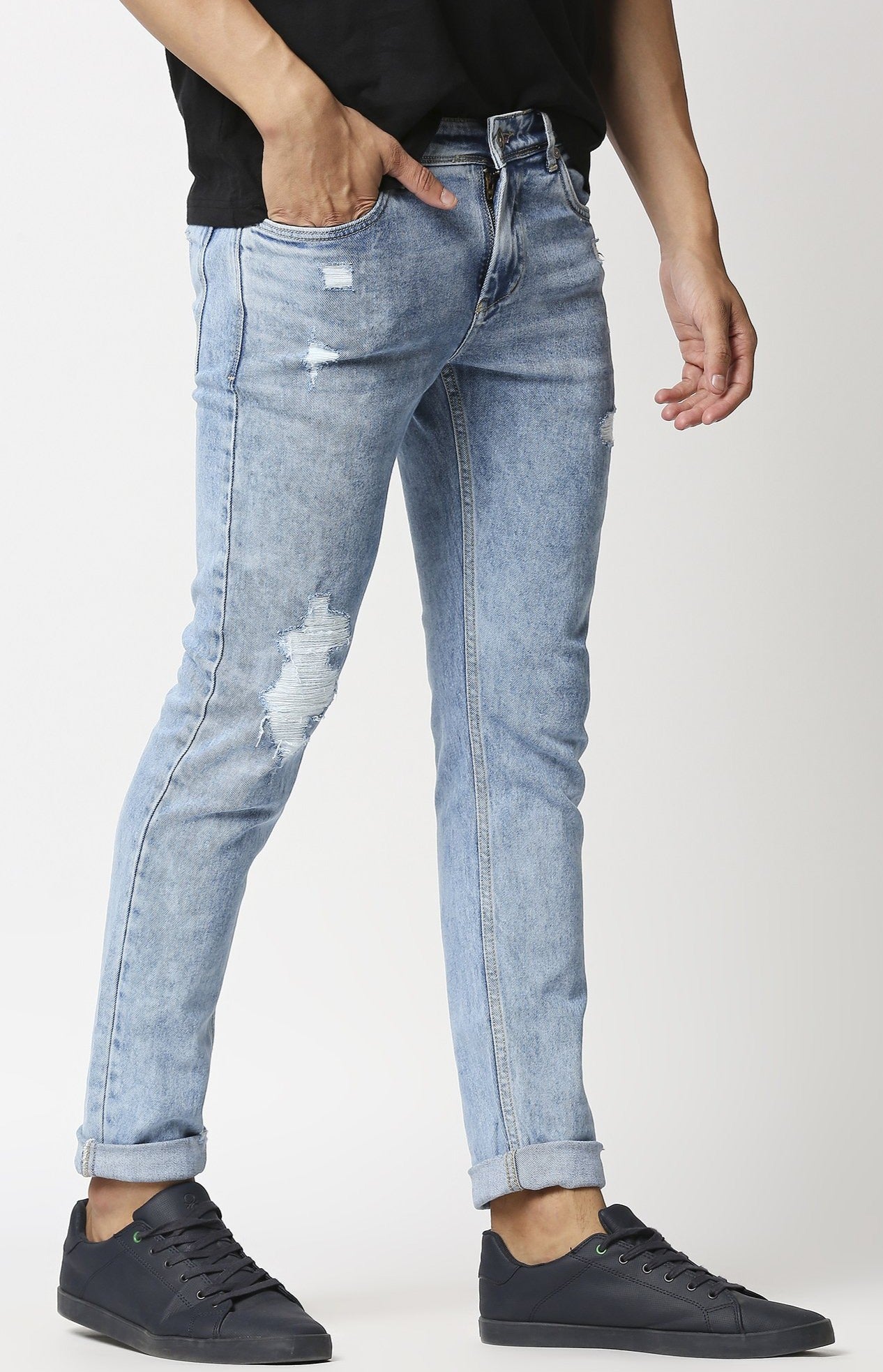 Fostino Straight Fit Distress Jeans In Light Wash Blue - Fostino - Jeans