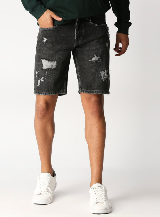 Fostino Carbon Black Denim Distress Shorts - Fostino Shorts