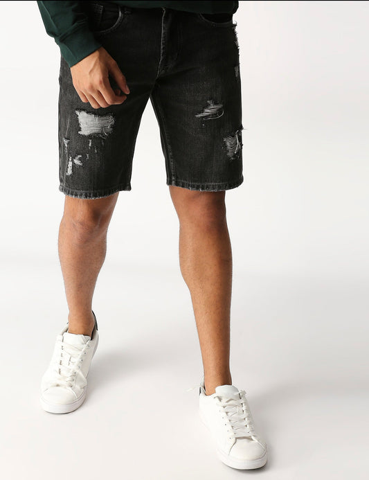 Fostino Carbon Black Denim Distress Shorts - Fostino Shorts