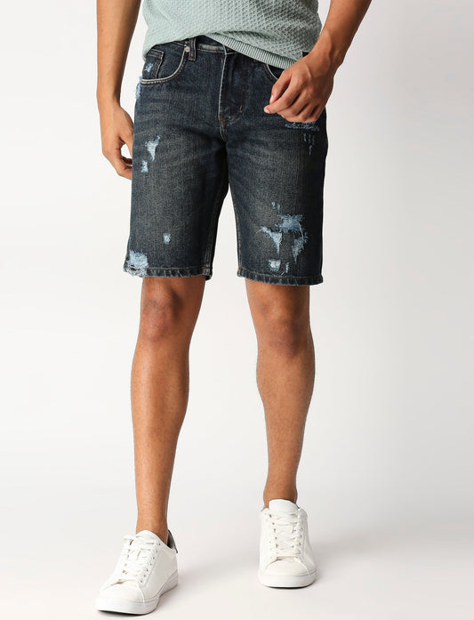 Fostino Vintage Wash Denim dark blue Distress Shorts - Fostino Shorts