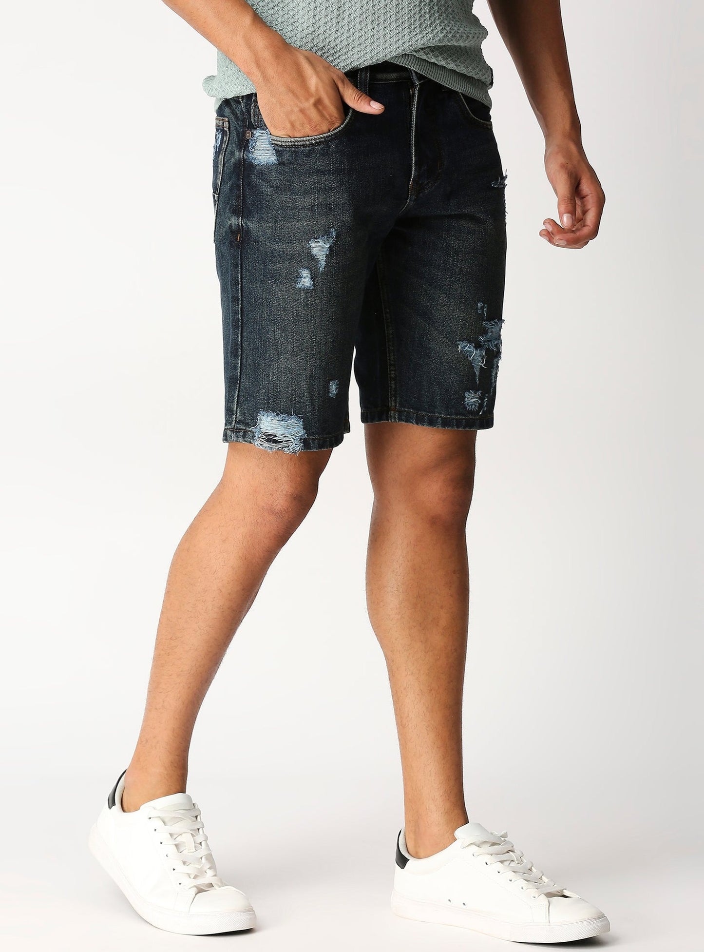 Fostino Vintage Wash Denim dark blue Distress Shorts - Fostino Shorts