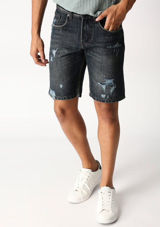 Fostino Vintage Wash Denim dark blue Distress Shorts - Fostino Shorts