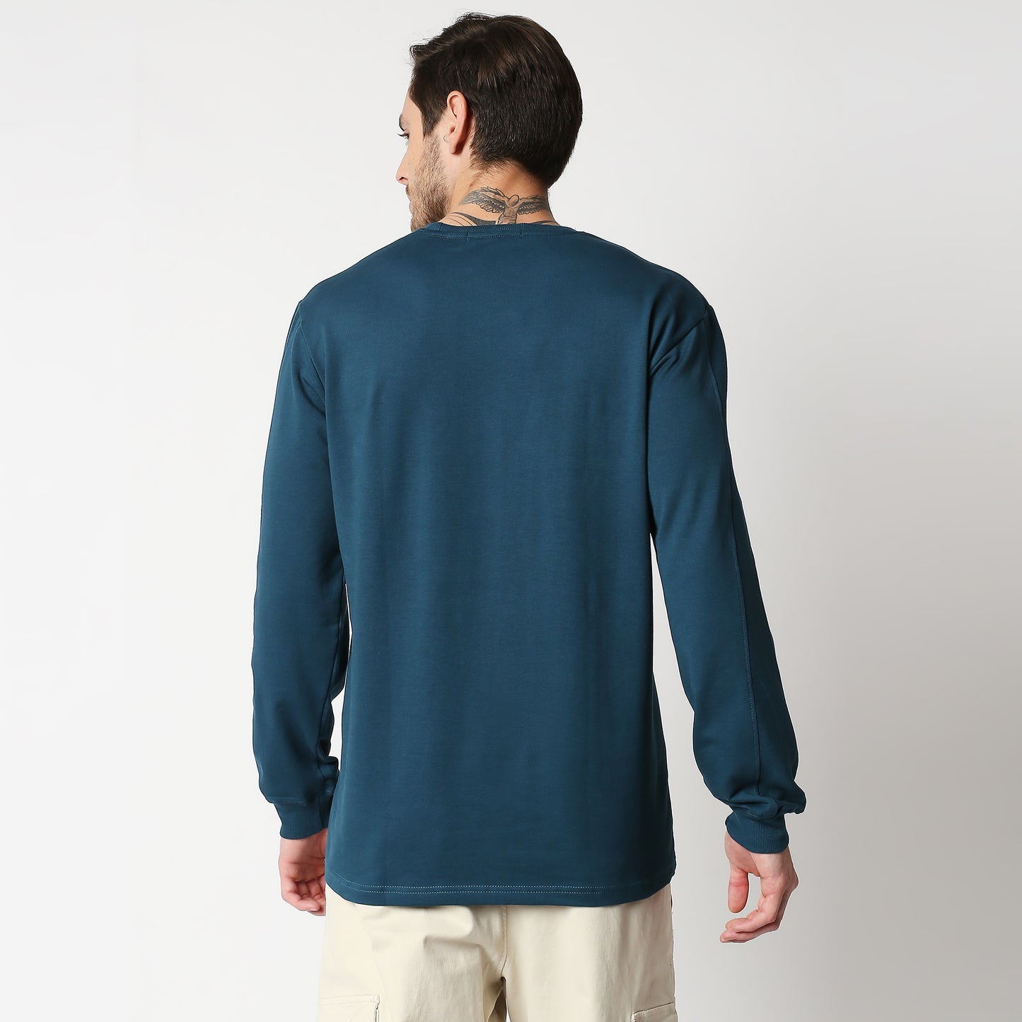 Fostino Teal Blue Pullover Full Sleeves T-Shirt with Rib on Sleeves - Fostino - T-Shirts