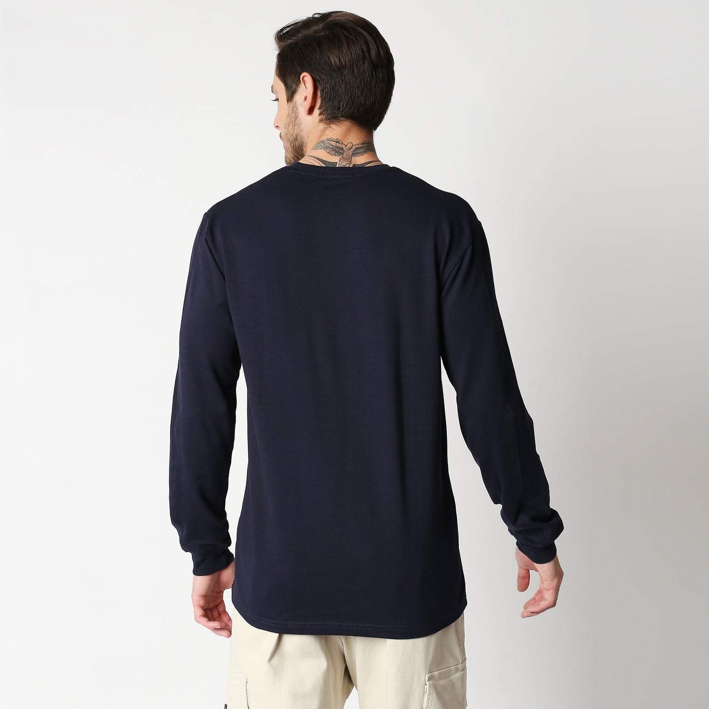 Fostino Navy Blue Pullover Full Sleeves T-Shirt with Rib on Sleeves - Fostino - T-Shirts