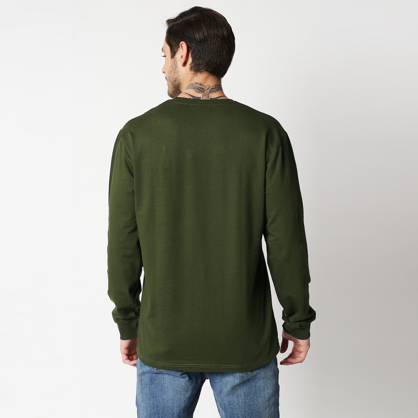 Fostino Mehendi Green Pullover Full Sleeves T-Shirt with Rib on Sleeves - Fostino - T-Shirts