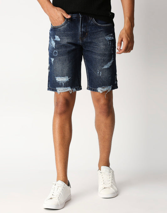 Fostino Blue Washed Denim Distress Shorts - Fostino Shorts