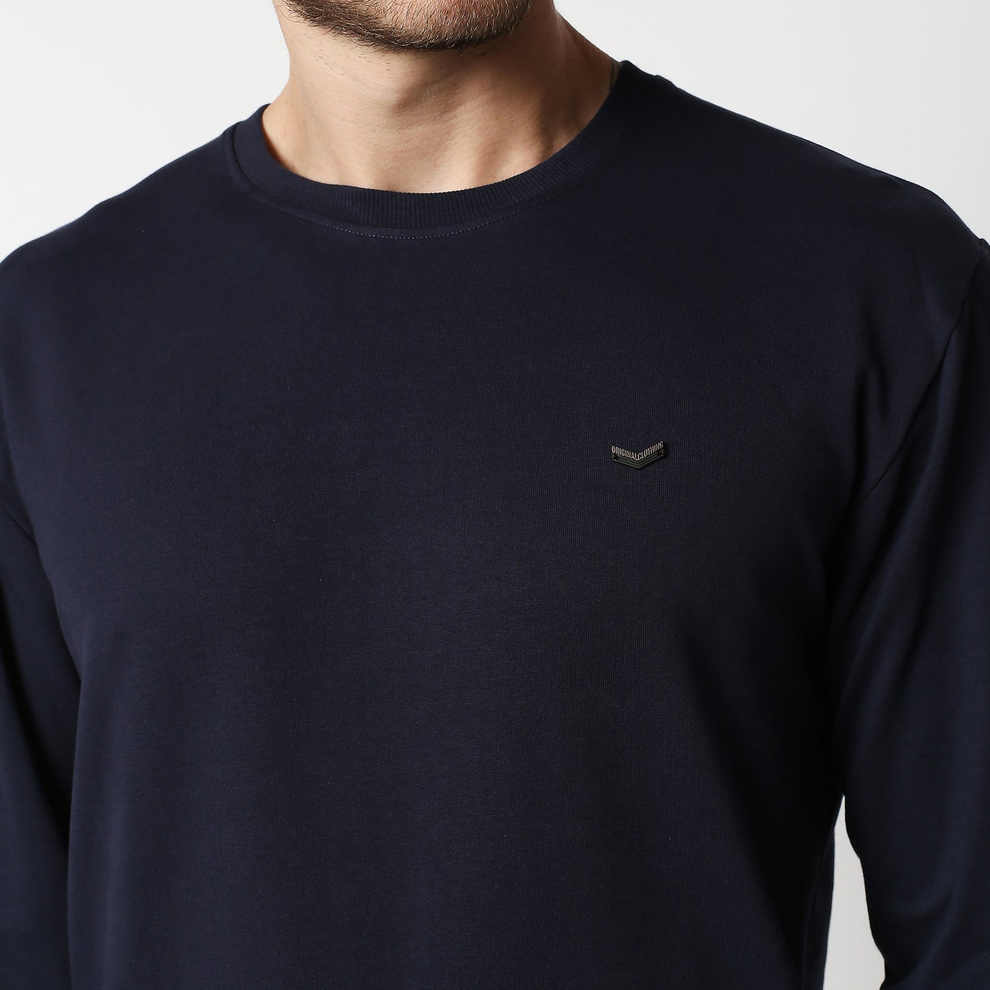 Fostino Navy Blue Pullover Full Sleeves T-Shirt with Rib on Sleeves - Fostino - T-Shirts