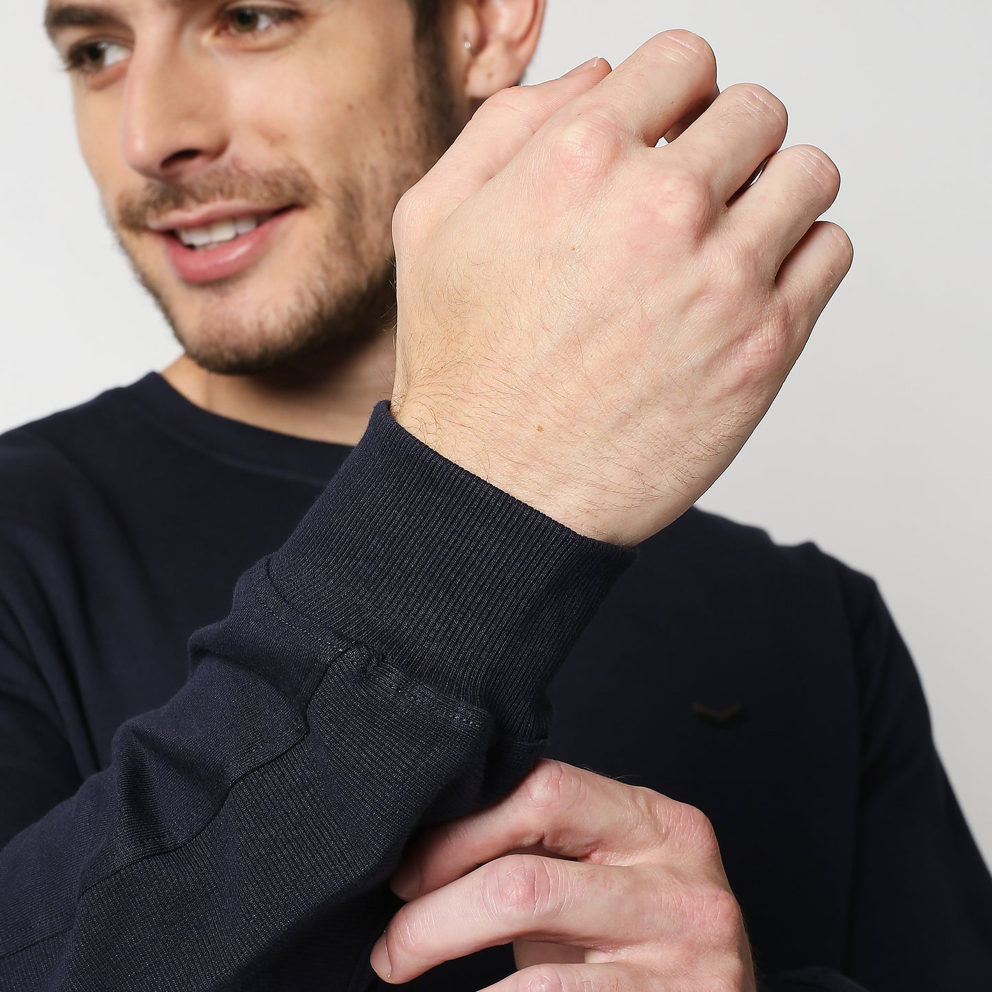 Fostino Navy Blue Pullover Full Sleeves T-Shirt with Rib on Sleeves - Fostino - T-Shirts