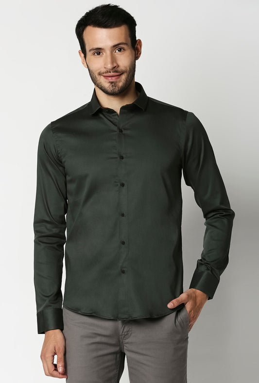 Fostino Plain Lycra Dark Green Full Sleeves Shirt - Fostino - Shirts