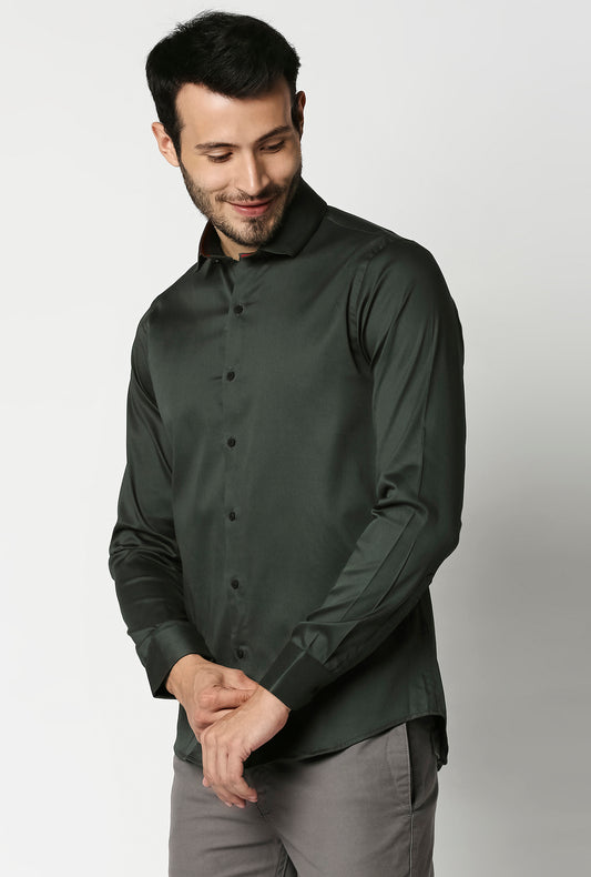 Fostino Plain Lycra Dark Green Full Sleeves Shirt - Fostino - Shirts