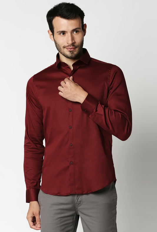 Fostino Plain Lycra Maroon Full Sleeves Shirt - Fostino - Shirts