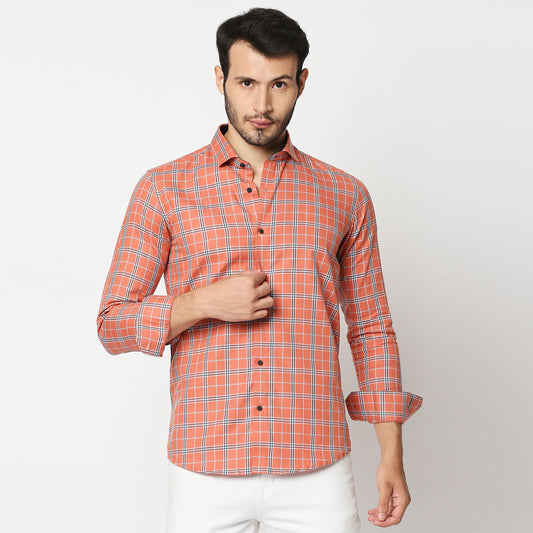 Fostino Orange Checks Full Sleeves Shirt - Fostino Shirts