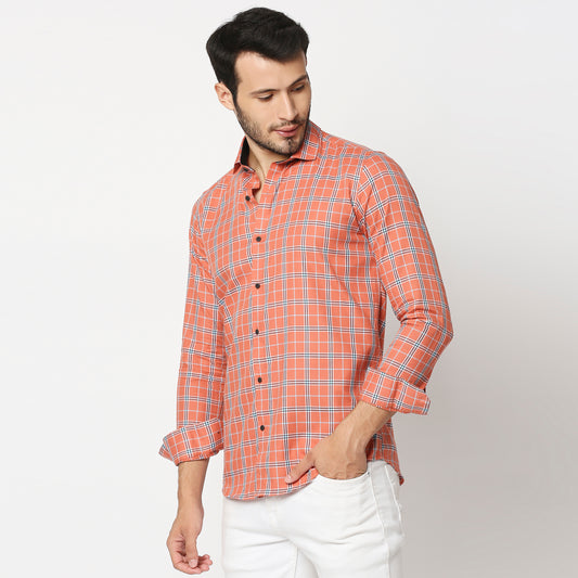 Fostino Orange Checks Full Sleeves Shirt - Fostino Shirts