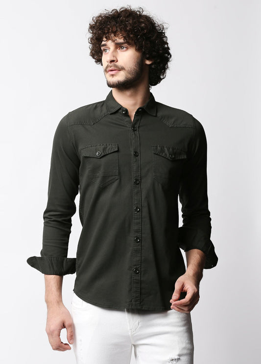 Fostino Dark Green Double Pocket Full Sleeves Casual Shirt - Fostino - Shirts