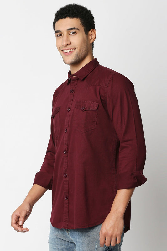 Fostino Maroon Double Pocket Full Sleeves Casual Shirt - Fostino Shirts & Tops