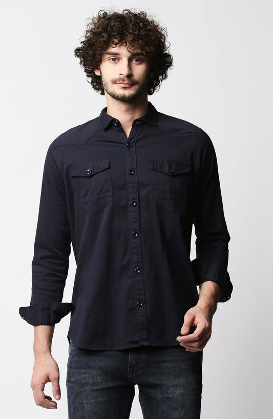 Fostino Navy Double Pocket Full Sleeves Casual Shirt - Fostino Shirts