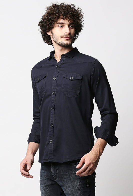 Fostino Navy Double Pocket Full Sleeves Casual Shirt - Fostino Shirts