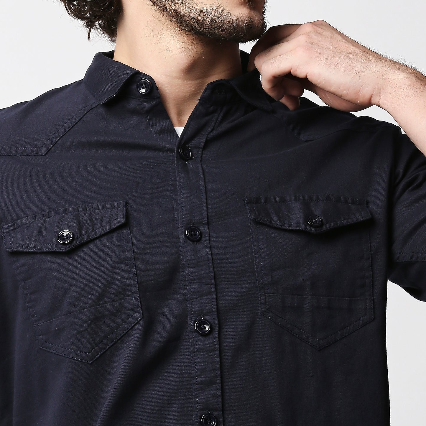 Fostino Navy Double Pocket Full Sleeves Casual Shirt - Fostino Shirts