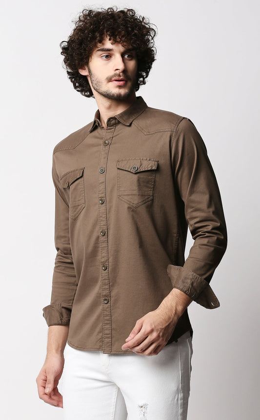 Fostino Brown Double Pocket Full Sleeves Casual Shirt - Fostino - Shirts