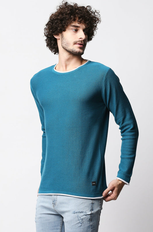 Fostino Teal Blue Knitted Full Sleeves T-shirt with Piping - Fostino - T-Shirts