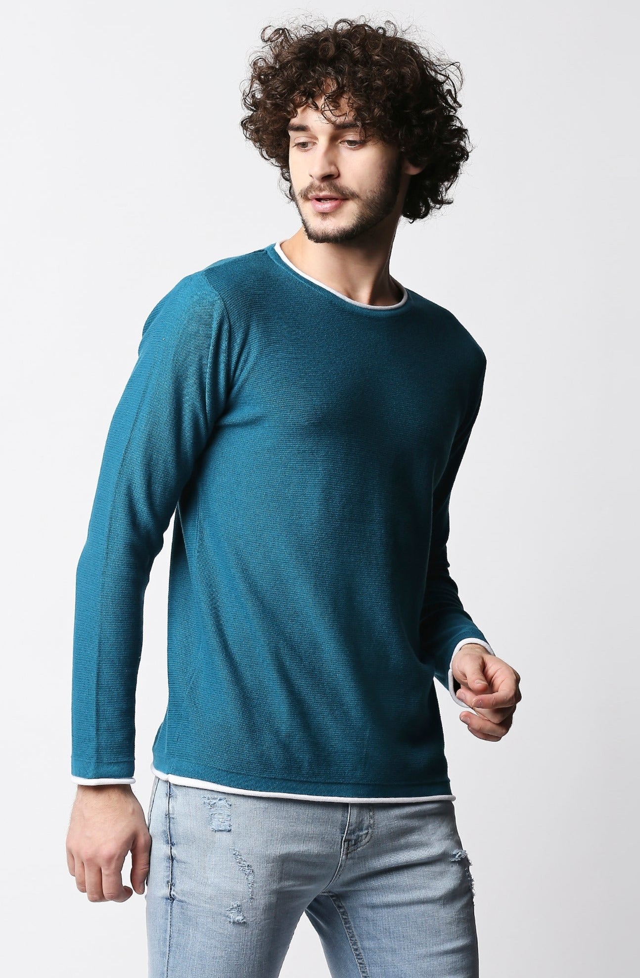 Fostino Teal Blue Knitted Full Sleeves T-shirt with Piping - Fostino - T-Shirts