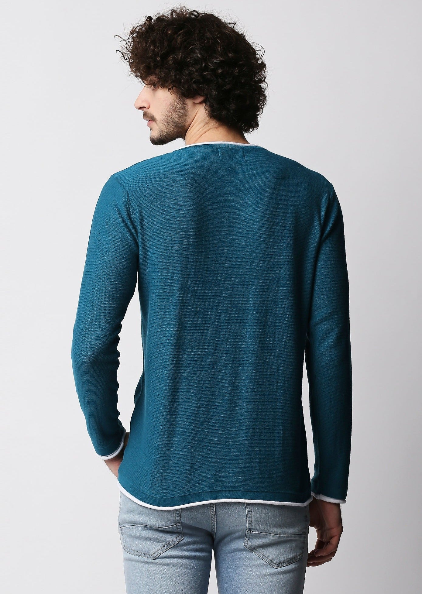 Fostino Teal Blue Knitted Full Sleeves T-shirt with Piping - Fostino - T-Shirts