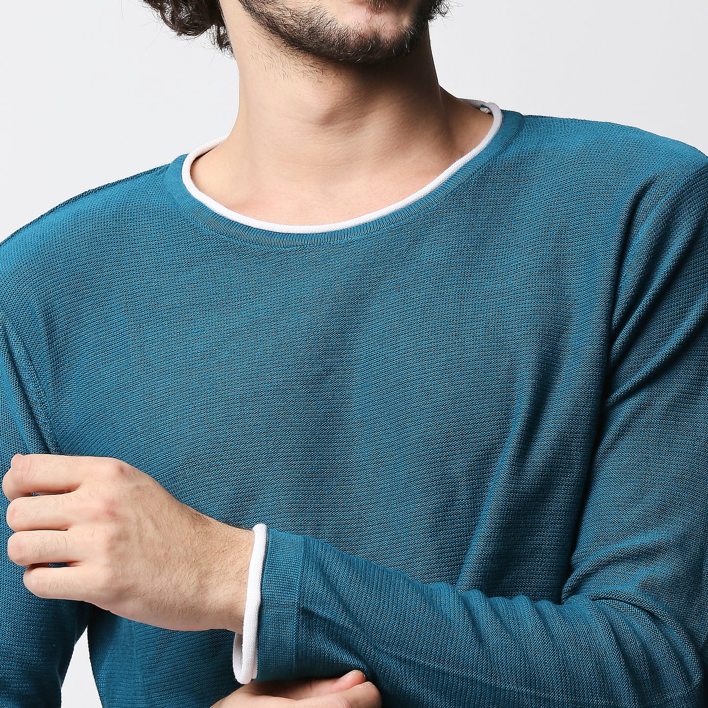 Fostino Teal Blue Knitted Full Sleeves T-shirt with Piping - Fostino - T-Shirts