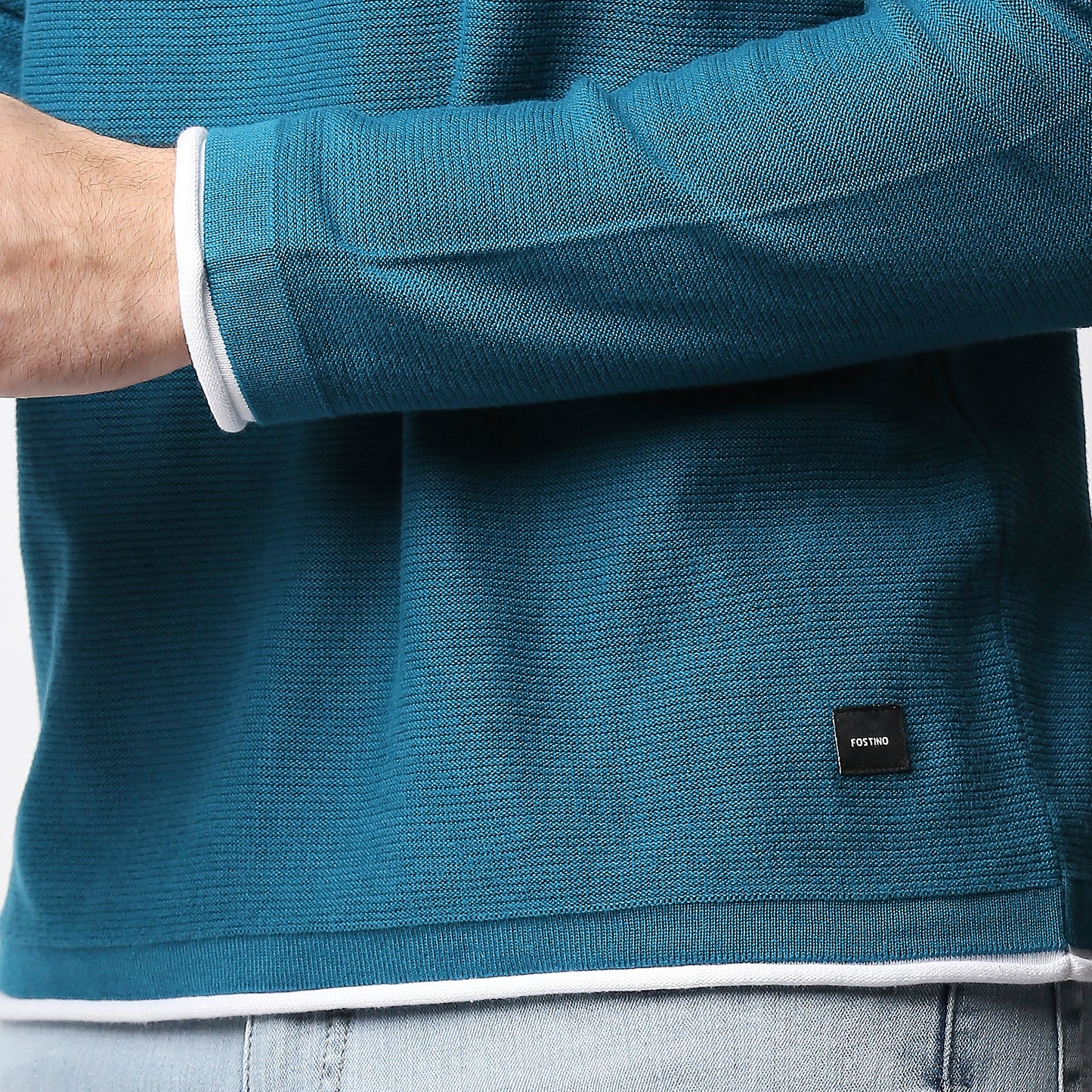 Fostino Teal Blue Knitted Full Sleeves T-shirt with Piping - Fostino - T-Shirts