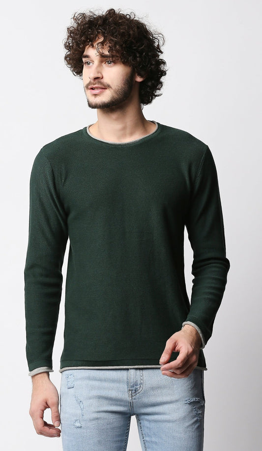 Fostino Dark Green Kintted Full Sleeves T-shirt with Piping - Fostino - T-Shirts