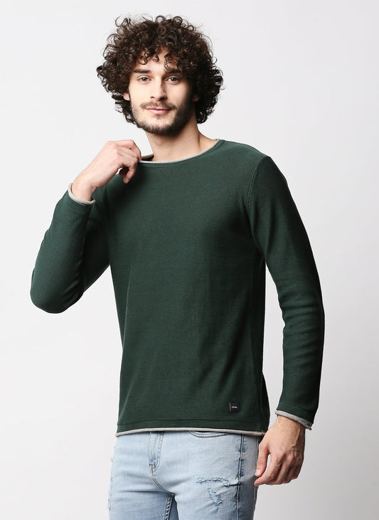 Fostino Dark Green Kintted Full Sleeves T-shirt with Piping - Fostino - T-Shirts
