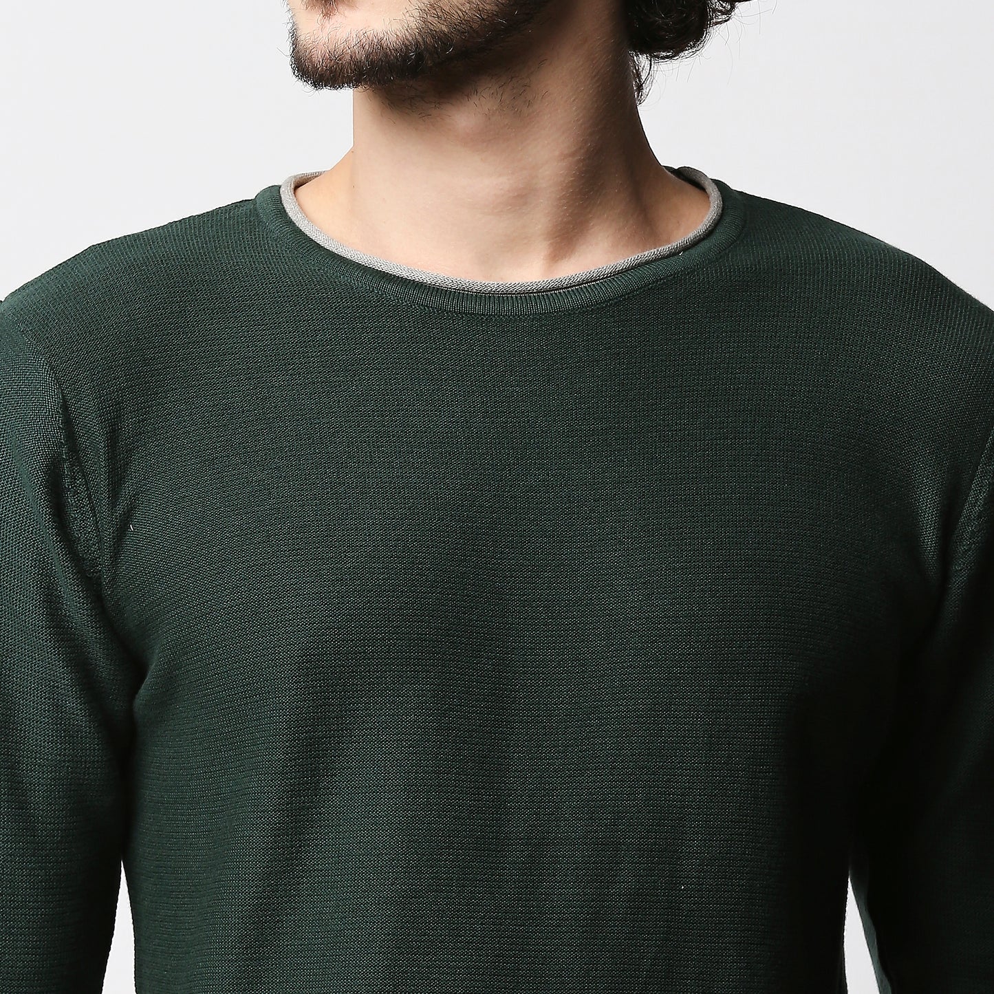 Fostino Dark Green Kintted Full Sleeves T-shirt with Piping - Fostino - T-Shirts