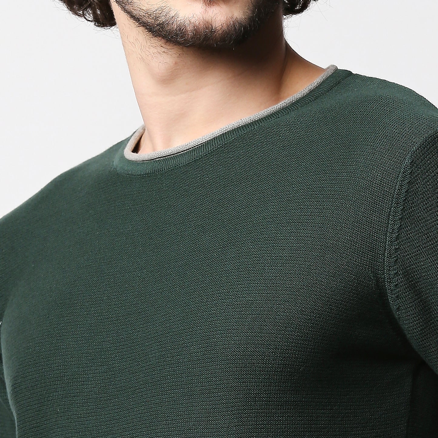 Fostino Dark Green Kintted Full Sleeves T-shirt with Piping - Fostino - T-Shirts