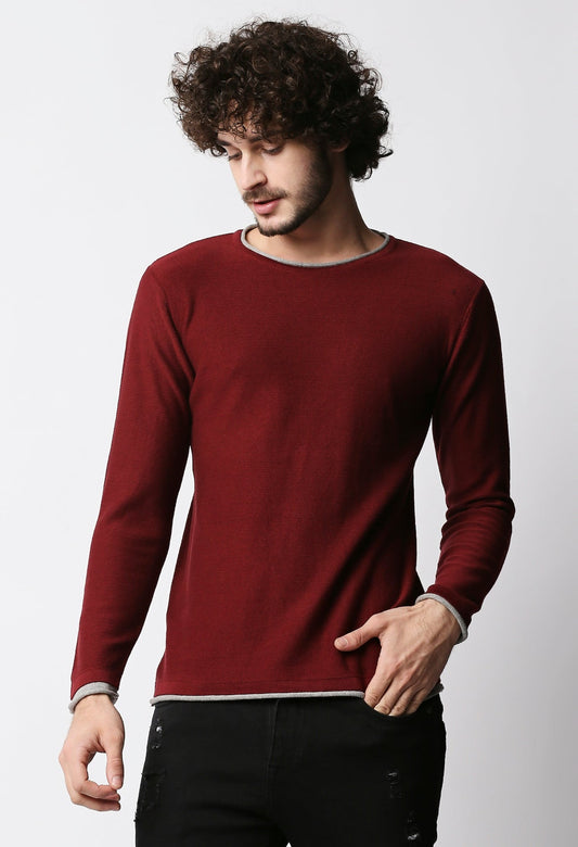Fostino Maroon Knitted Full Sleeves T-shirt with Piping - Fostino - T-Shirts