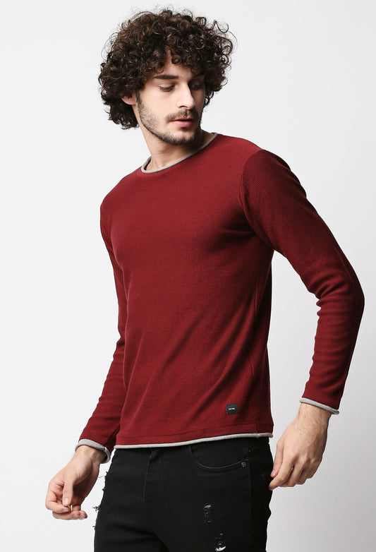 Fostino Maroon Knitted Full Sleeves T-shirt with Piping - Fostino - T-Shirts