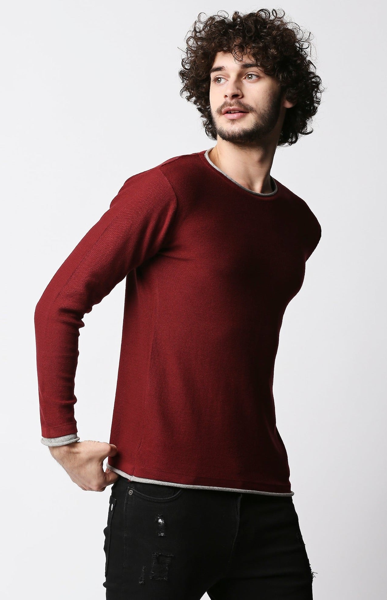 Fostino Maroon Knitted Full Sleeves T-shirt with Piping - Fostino - T-Shirts