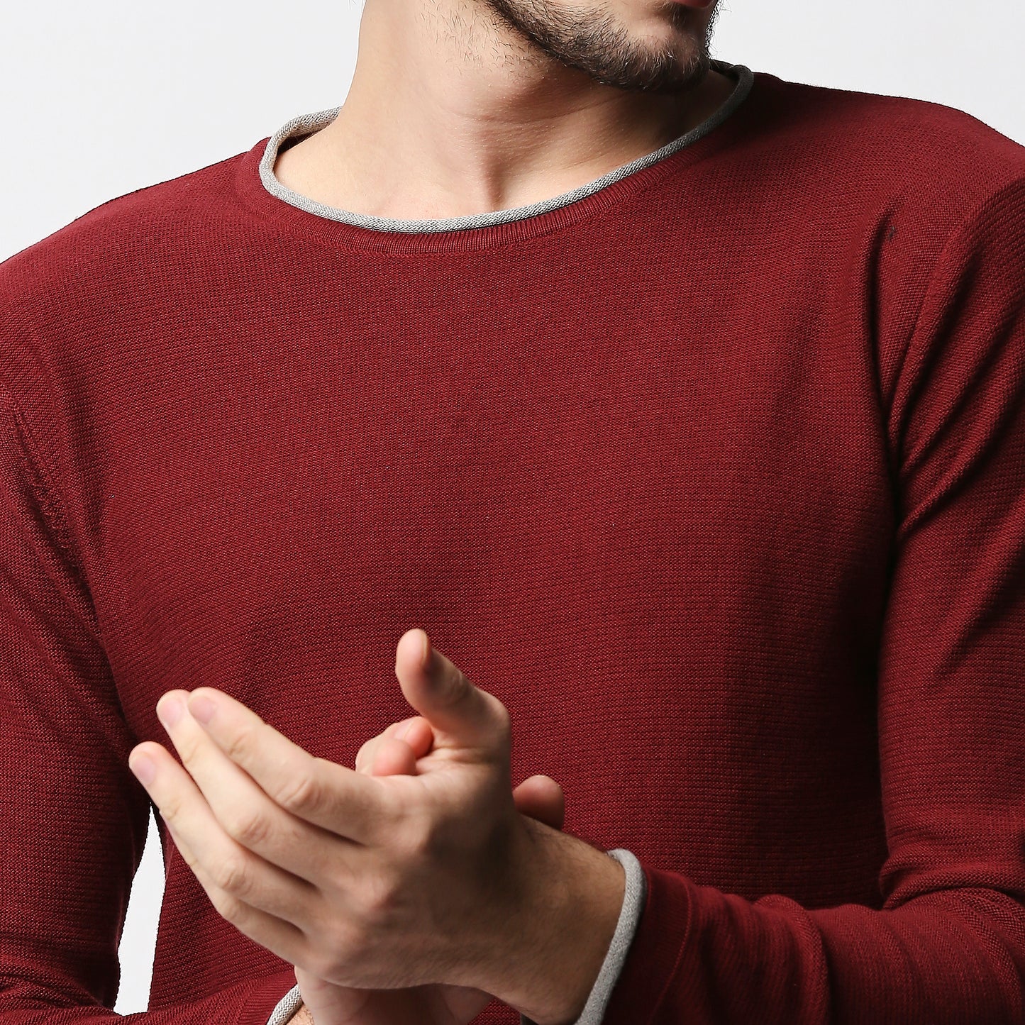Fostino Maroon Knitted Full Sleeves T-shirt with Piping - Fostino - T-Shirts